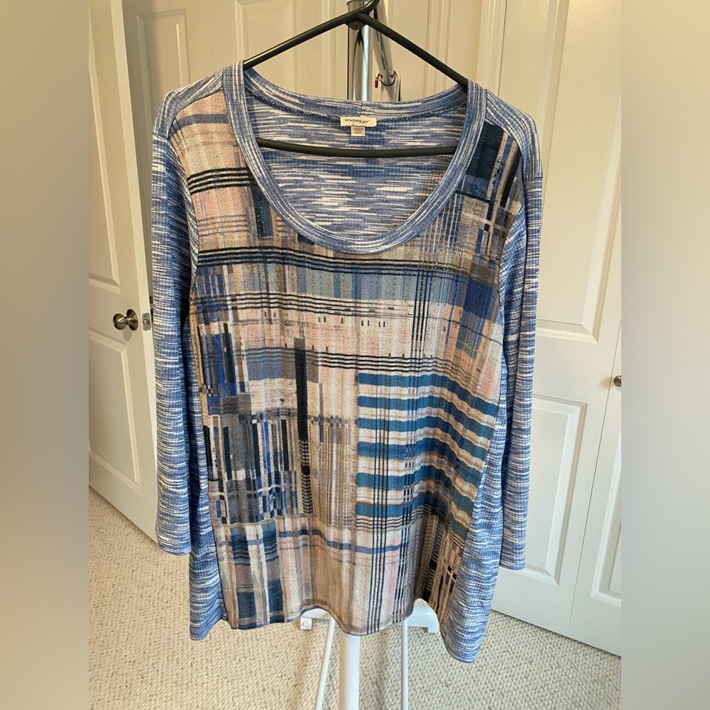 Avenue Blue and Beige Plaid Long Sleeve Top